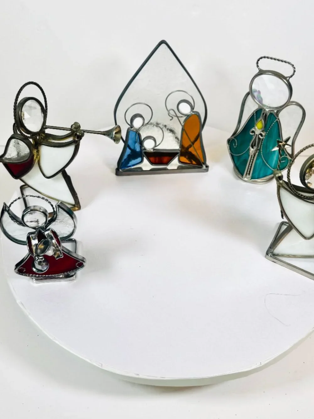 Vtg Stained Glass Angels & Nativity Tealight Candle holder 5.5